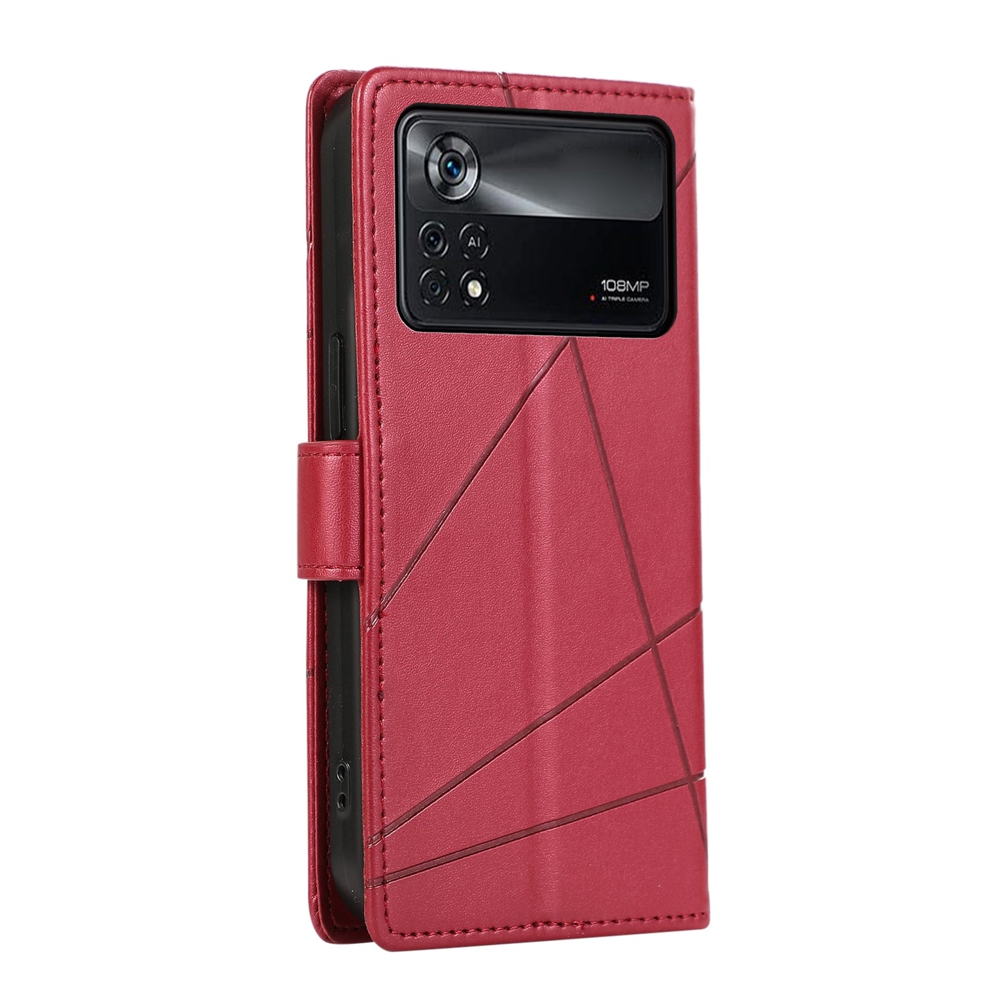 Xiaomi Poco X4 Pro 5G PU Genuine Leather Texture Embossed Line Phone Case with Card Wallet, Kickstand & Wrist Strap