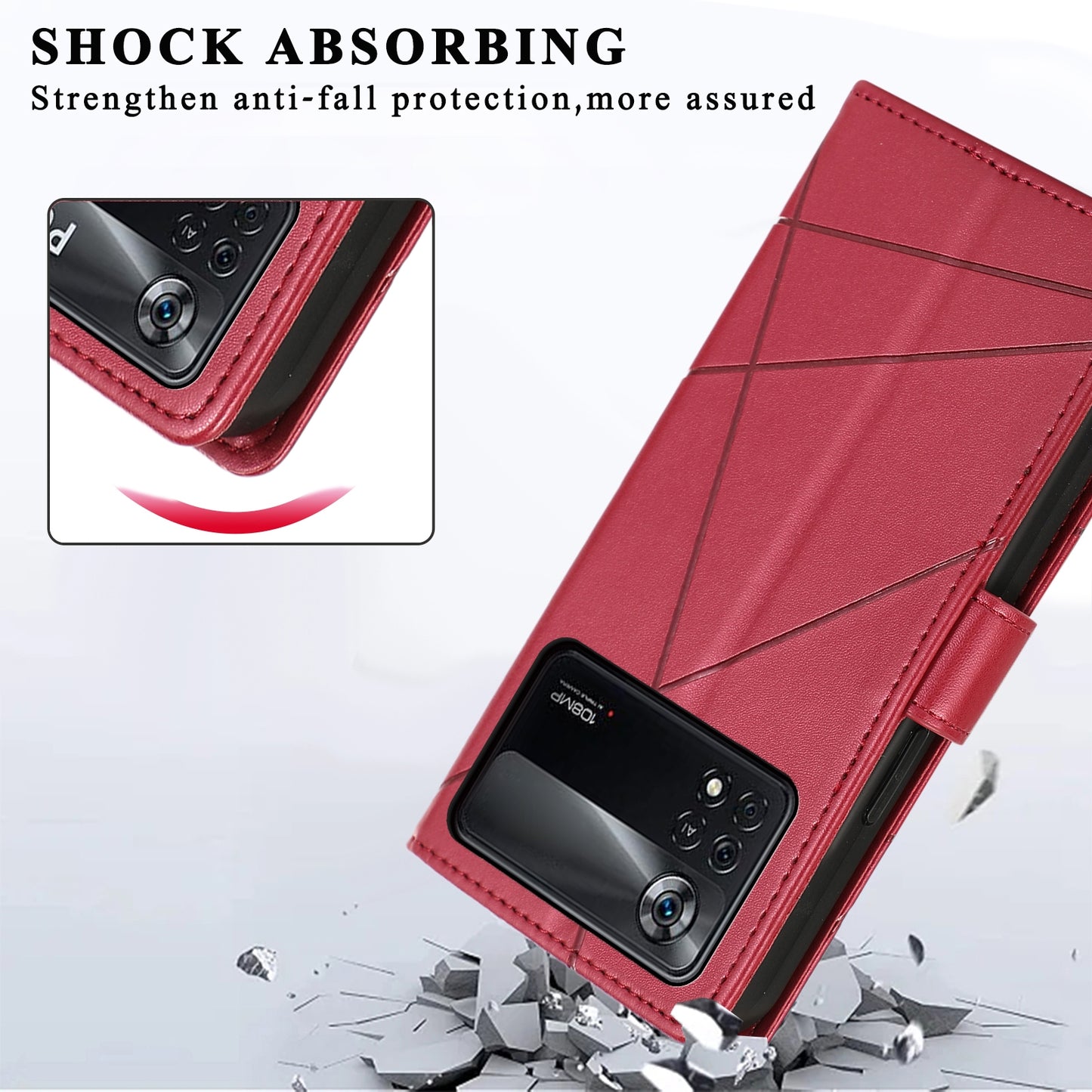 Xiaomi Poco X4 Pro 5G PU Genuine Leather Texture Embossed Line Phone Case with Card Wallet, Kickstand & Wrist Strap