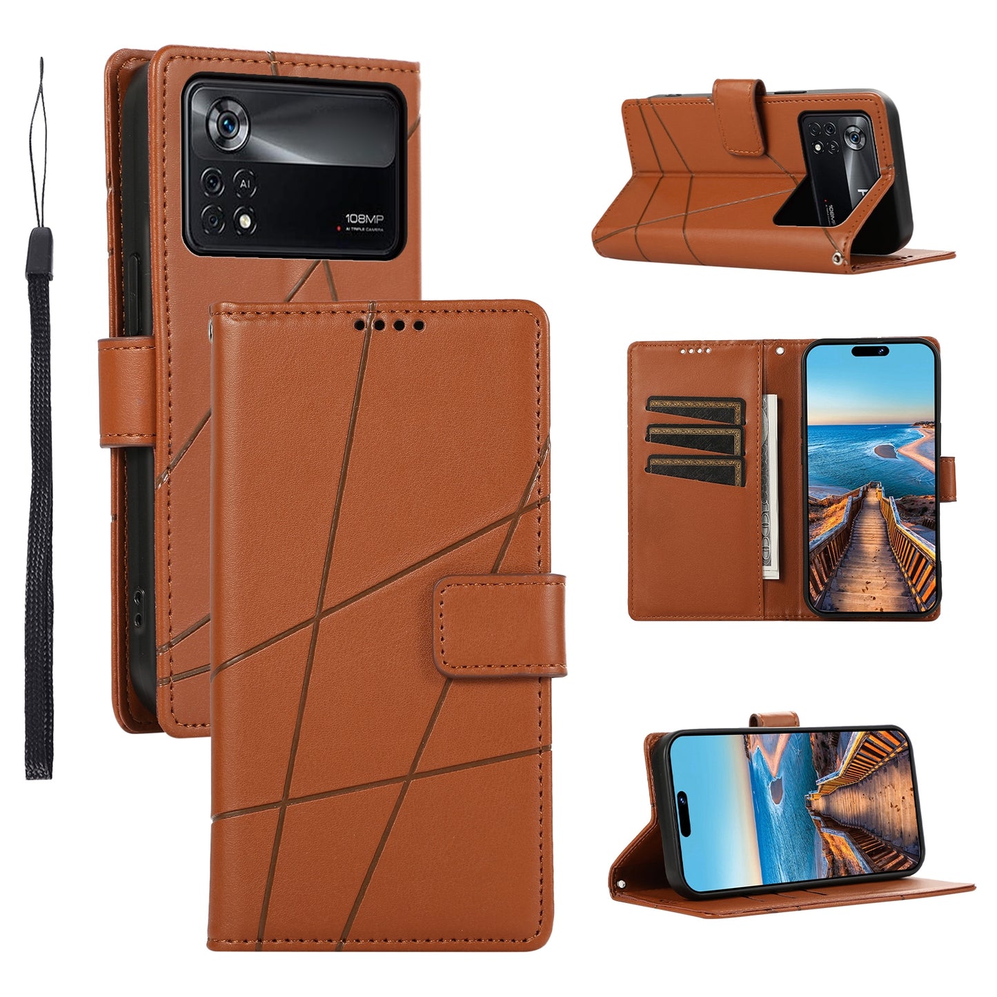 Xiaomi Poco X4 Pro 5G PU Genuine Leather Texture Embossed Line Phone Case with Card Wallet, Kickstand & Wrist Strap
