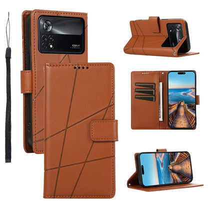 Xiaomi Poco X4 Pro 5G PU Genuine Leather Texture Embossed Line Phone Case with Card Wallet, Kickstand & Wrist Strap