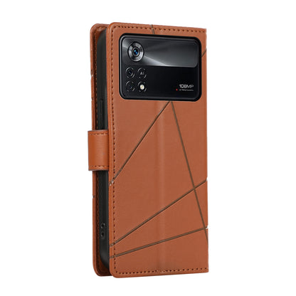 Xiaomi Poco X4 Pro 5G PU Genuine Leather Texture Embossed Line Phone Case with Card Wallet, Kickstand & Wrist Strap