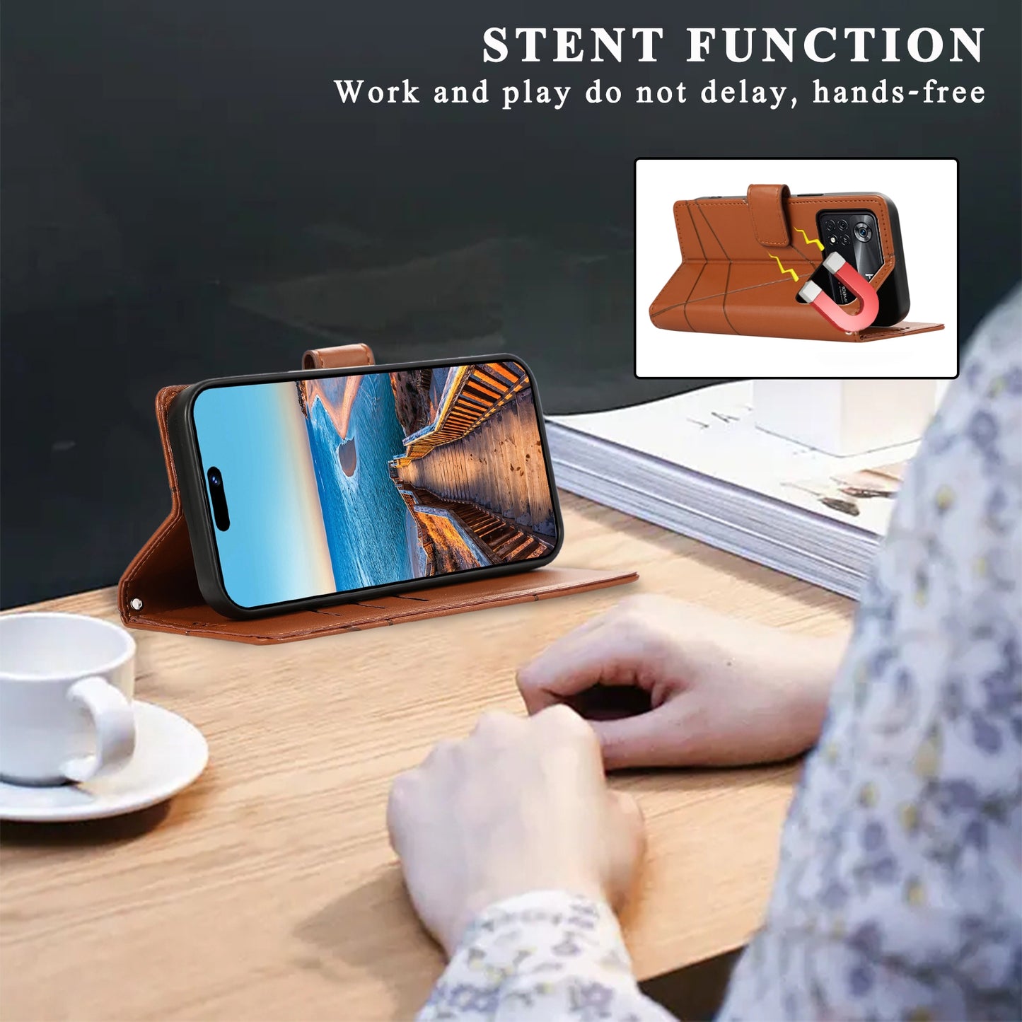 Xiaomi Poco X4 Pro 5G PU Genuine Leather Texture Embossed Line Phone Case with Card Wallet, Kickstand & Wrist Strap