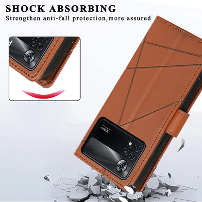 Xiaomi Poco X4 Pro 5G PU Genuine Leather Texture Embossed Line Phone Case with Card Wallet, Kickstand & Wrist Strap
