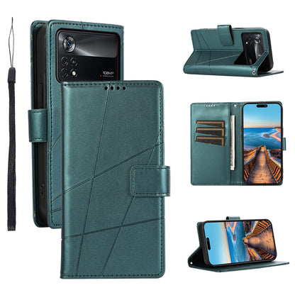 Xiaomi Poco X4 Pro 5G PU Genuine Leather Texture Embossed Line Phone Case with Card Wallet, Kickstand & Wrist Strap