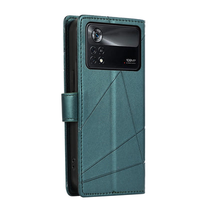 Xiaomi Poco X4 Pro 5G PU Genuine Leather Texture Embossed Line Phone Case with Card Wallet, Kickstand & Wrist Strap