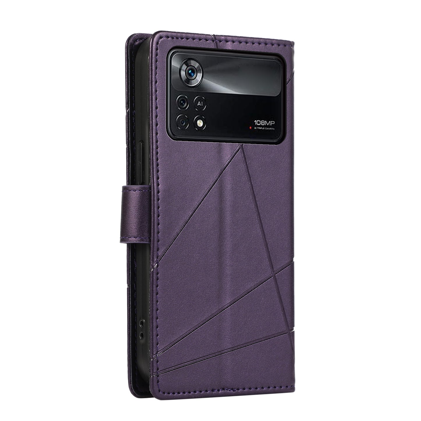 Xiaomi Poco X4 Pro 5G PU Genuine Leather Texture Embossed Line Phone Case with Card Wallet, Kickstand & Wrist Strap