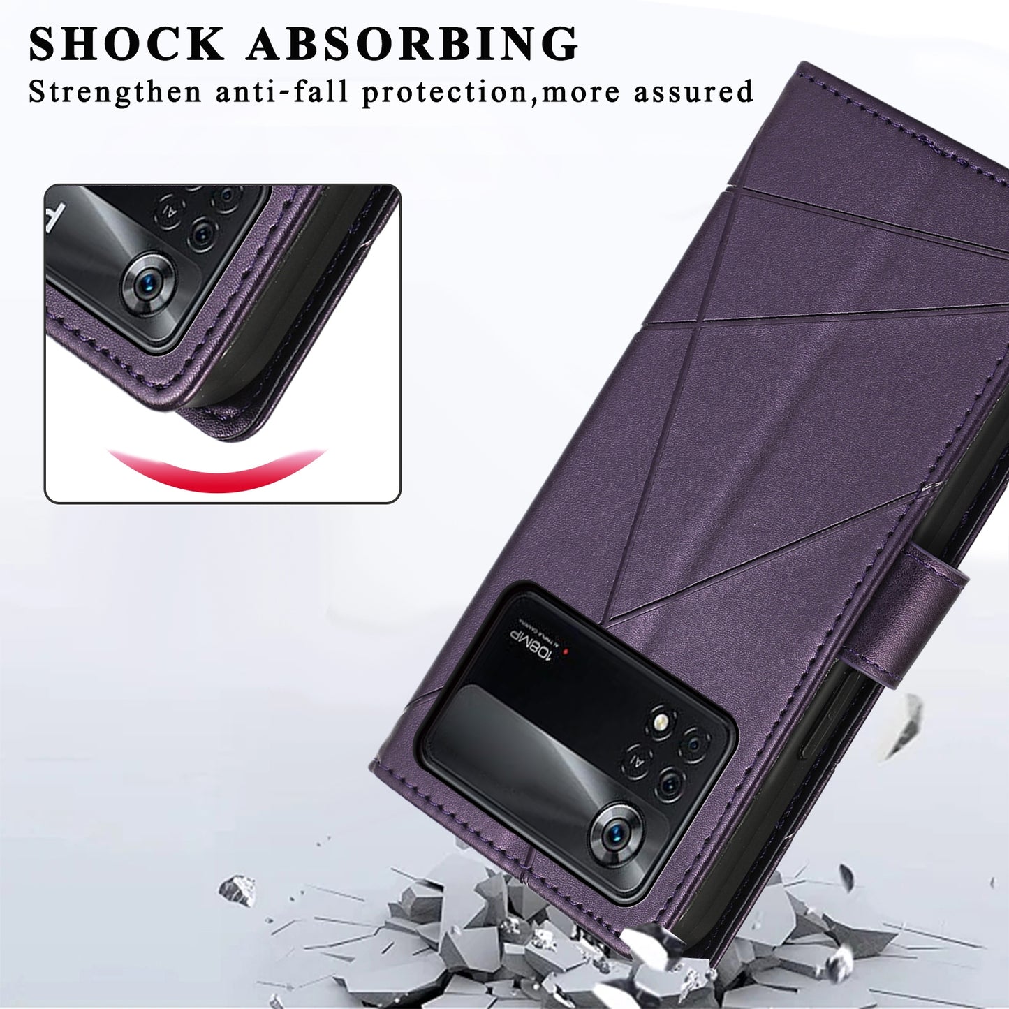 Xiaomi Poco X4 Pro 5G PU Genuine Leather Texture Embossed Line Phone Case with Card Wallet, Kickstand & Wrist Strap