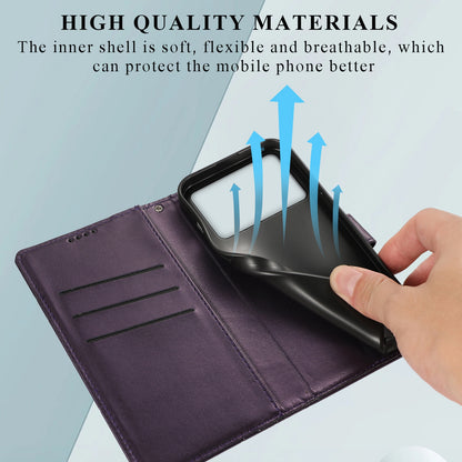 Xiaomi Poco X4 Pro 5G PU Genuine Leather Texture Embossed Line Phone Case with Card Wallet, Kickstand & Wrist Strap