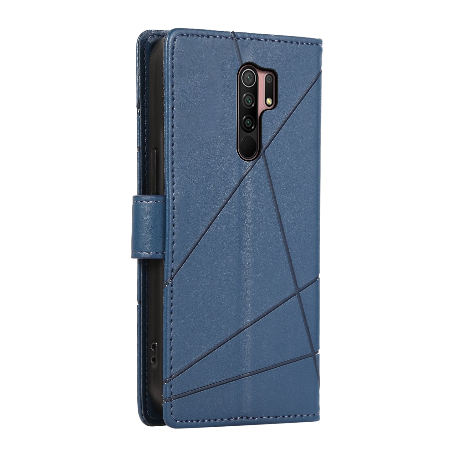 Xiaomi Redmi 9 PU Genuine Leather Texture Embossed Line Phone Case with Card Wallet, Kickstand & Wrist Strap
