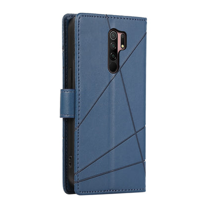 Xiaomi Redmi 9 PU Genuine Leather Texture Embossed Line Phone Case with Card Wallet, Kickstand & Wrist Strap