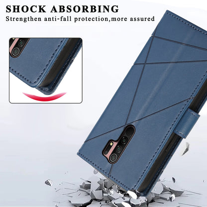 Xiaomi Redmi 9 PU Genuine Leather Texture Embossed Line Phone Case with Card Wallet, Kickstand & Wrist Strap