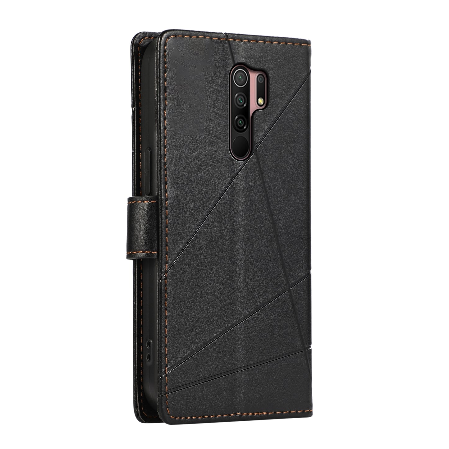 Xiaomi Redmi 9 PU Genuine Leather Texture Embossed Line Phone Case with Card Wallet, Kickstand & Wrist Strap