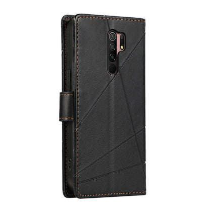 Xiaomi Redmi 9 PU Genuine Leather Texture Embossed Line Phone Case with Card Wallet, Kickstand & Wrist Strap
