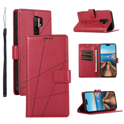 Xiaomi Redmi 9 PU Genuine Leather Texture Embossed Line Phone Case with Card Wallet, Kickstand & Wrist Strap