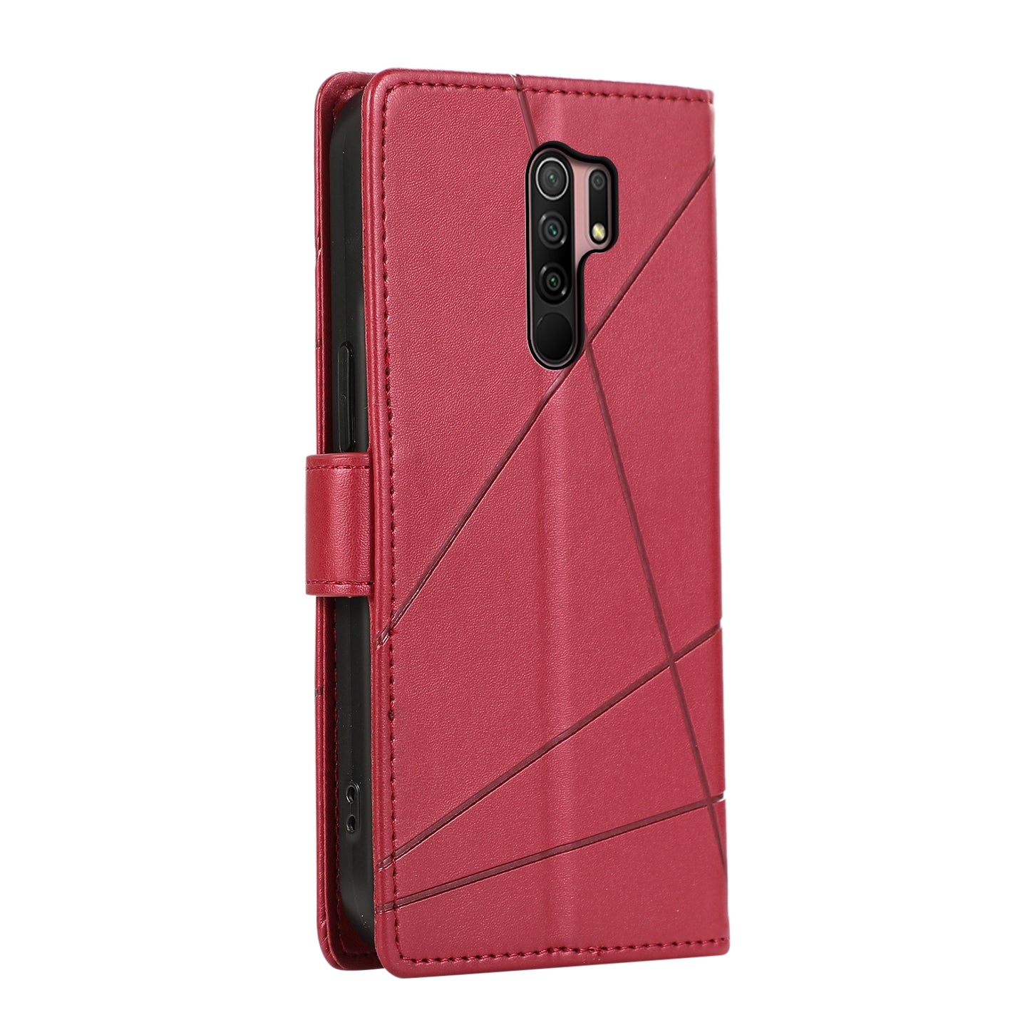 Xiaomi Redmi 9 PU Genuine Leather Texture Embossed Line Phone Case with Card Wallet, Kickstand & Wrist Strap