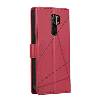 Xiaomi Redmi 9 PU Genuine Leather Texture Embossed Line Phone Case with Card Wallet, Kickstand & Wrist Strap