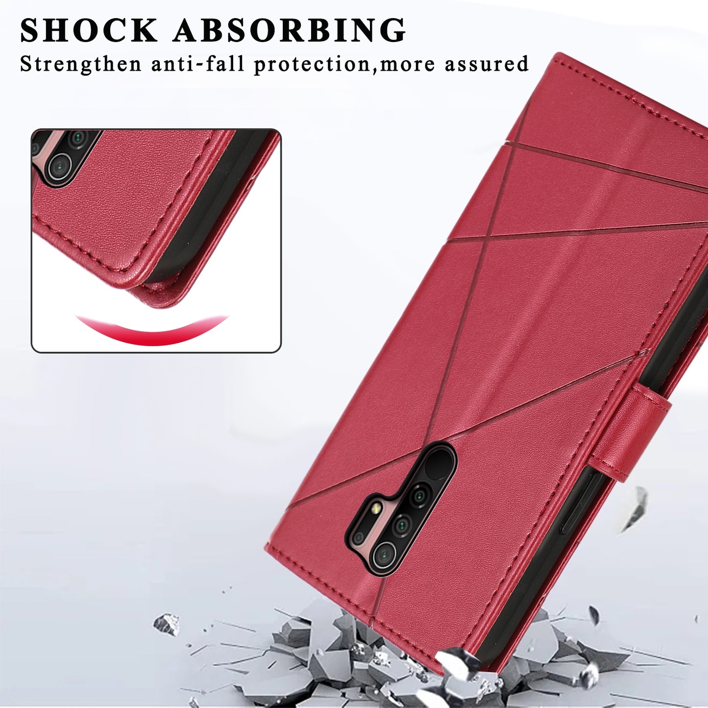 Xiaomi Redmi 9 PU Genuine Leather Texture Embossed Line Phone Case with Card Wallet, Kickstand & Wrist Strap