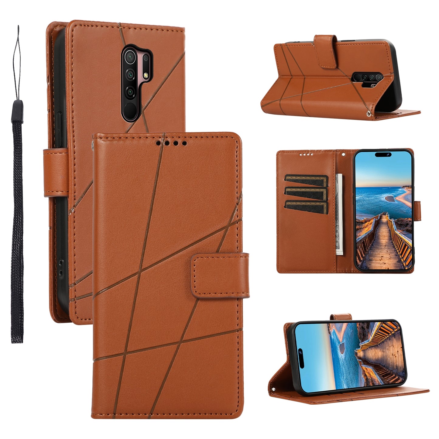 Xiaomi Redmi 9 PU Genuine Leather Texture Embossed Line Phone Case with Card Wallet, Kickstand & Wrist Strap