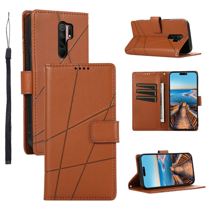 Xiaomi Redmi 9 PU Genuine Leather Texture Embossed Line Phone Case with Card Wallet, Kickstand & Wrist Strap