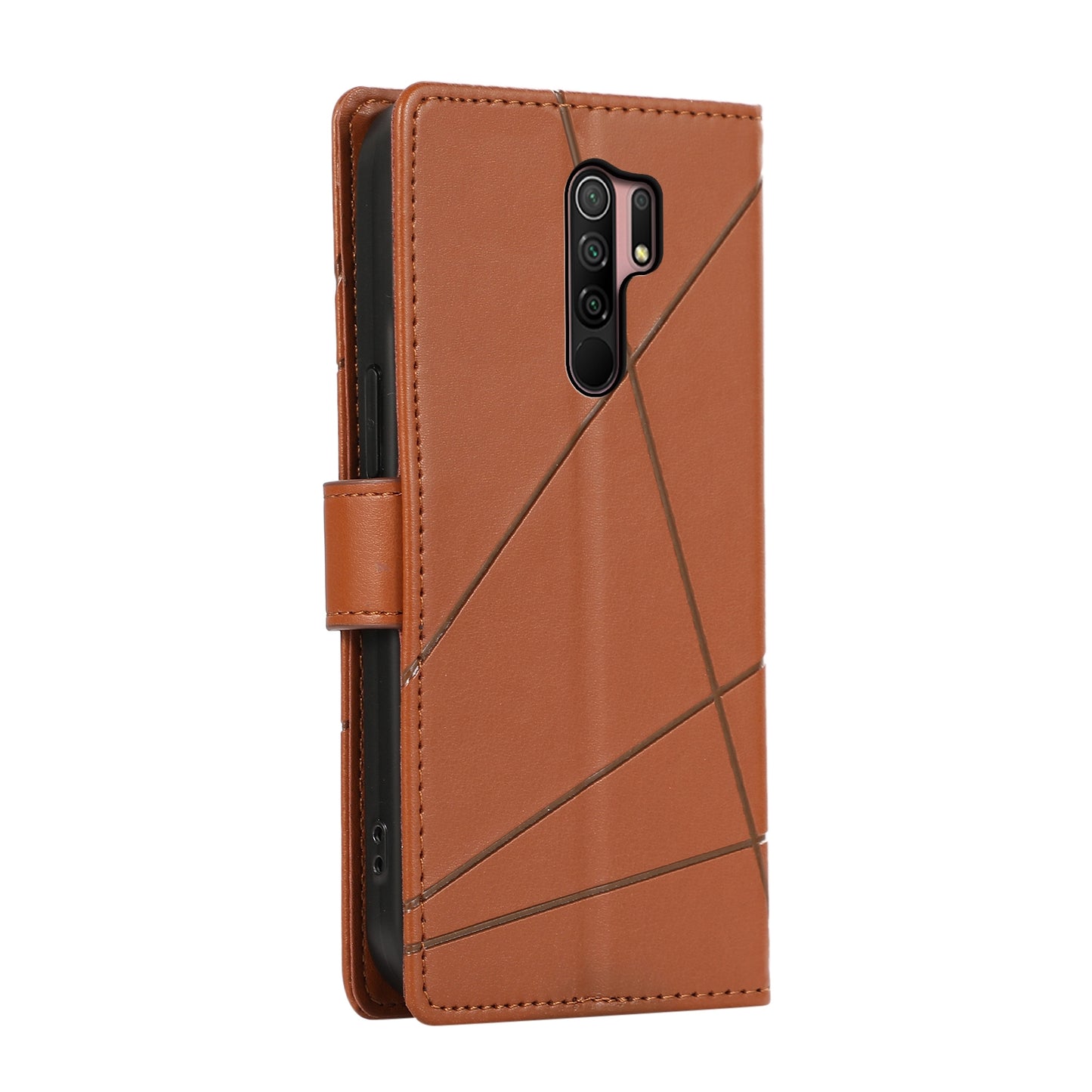 Xiaomi Redmi 9 PU Genuine Leather Texture Embossed Line Phone Case with Card Wallet, Kickstand & Wrist Strap