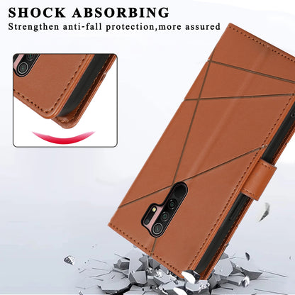 Xiaomi Redmi 9 PU Genuine Leather Texture Embossed Line Phone Case with Card Wallet, Kickstand & Wrist Strap