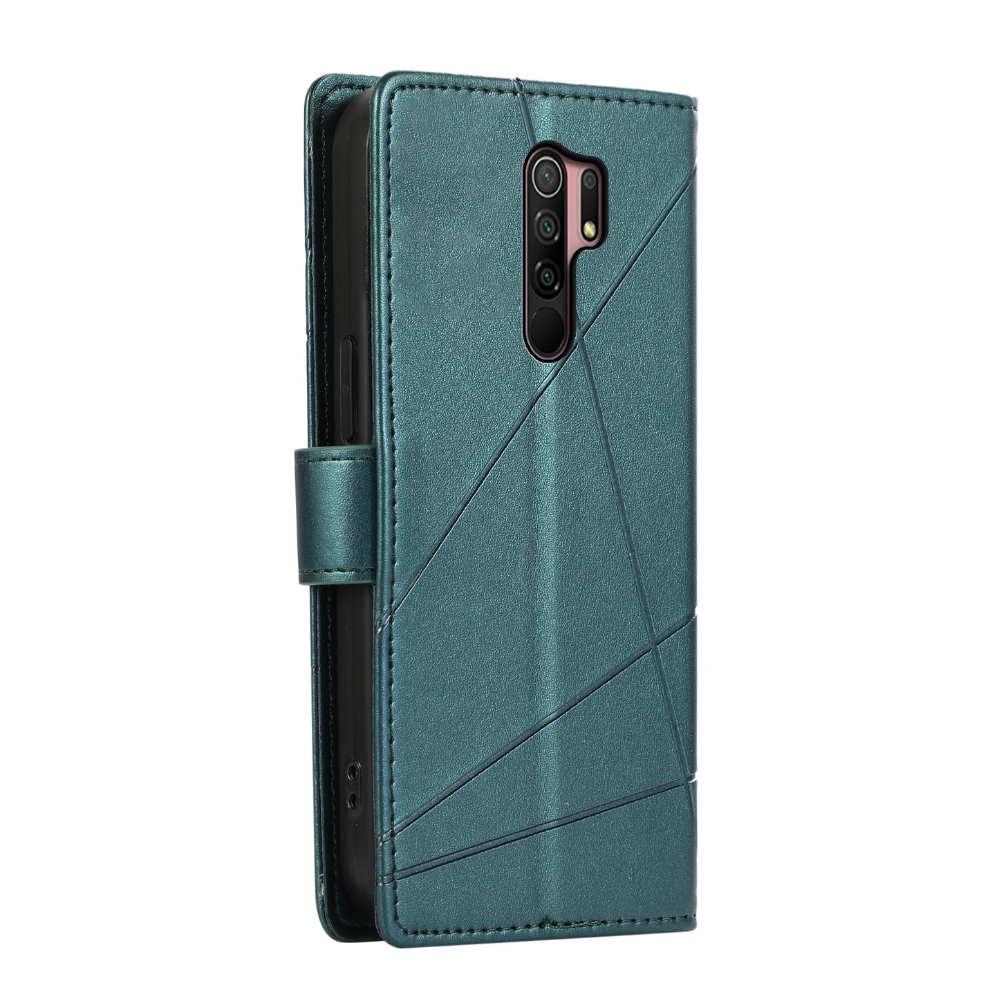 Xiaomi Redmi 9 PU Genuine Leather Texture Embossed Line Phone Case with Card Wallet, Kickstand & Wrist Strap