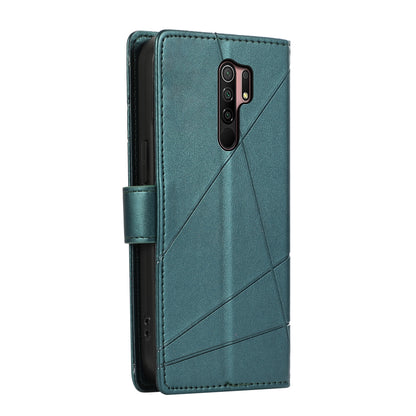 Xiaomi Redmi 9 PU Genuine Leather Texture Embossed Line Phone Case with Card Wallet, Kickstand & Wrist Strap