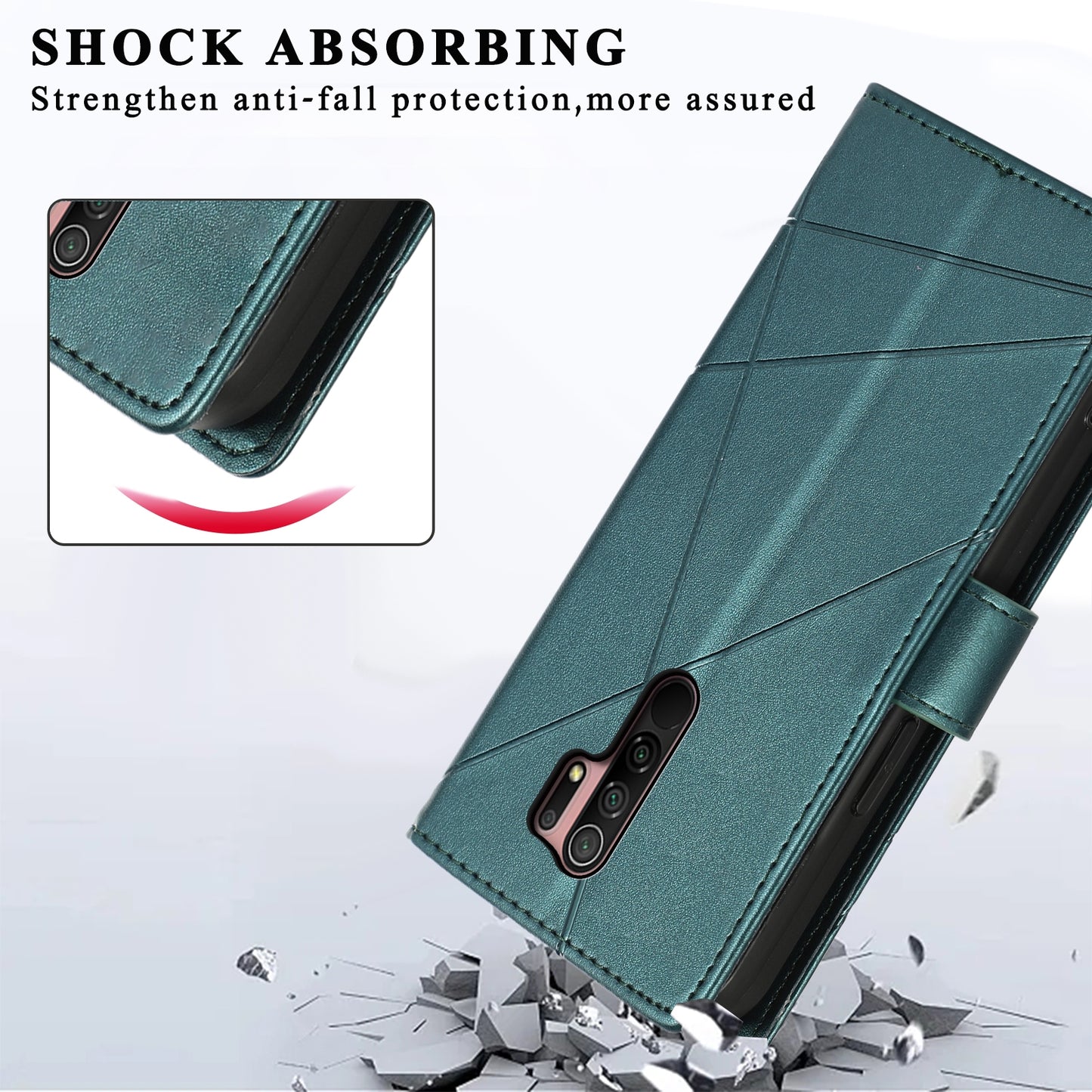 Xiaomi Redmi 9 PU Genuine Leather Texture Embossed Line Phone Case with Card Wallet, Kickstand & Wrist Strap