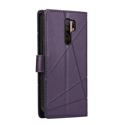 Xiaomi Redmi 9 PU Genuine Leather Texture Embossed Line Phone Case with Card Wallet, Kickstand & Wrist Strap