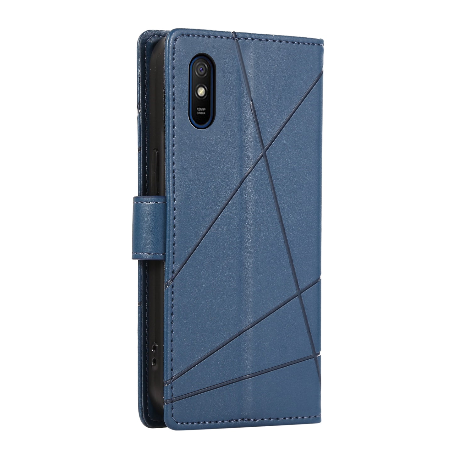 Xiaomi Redmi 9A PU Genuine Leather Texture Embossed Line Phone Case with Card Wallet, Kickstand & Wrist Strap