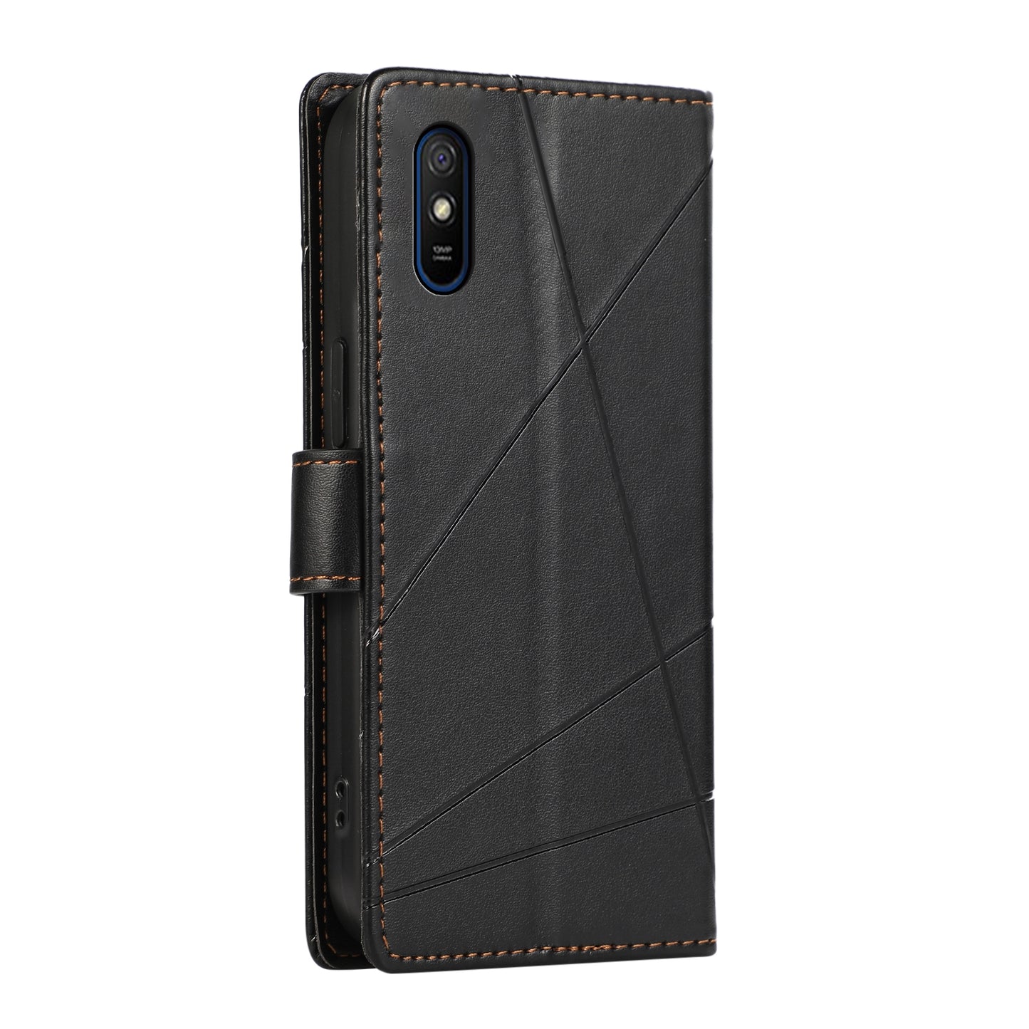 Xiaomi Redmi 9A PU Genuine Leather Texture Embossed Line Phone Case with Card Wallet, Kickstand & Wrist Strap