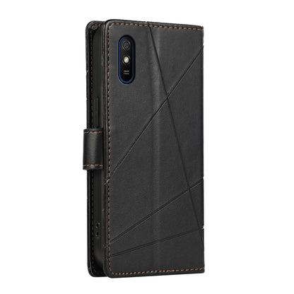 Xiaomi Redmi 9A PU Genuine Leather Texture Embossed Line Phone Case with Card Wallet, Kickstand & Wrist Strap