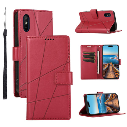 Xiaomi Redmi 9A PU Genuine Leather Texture Embossed Line Phone Case with Card Wallet, Kickstand & Wrist Strap