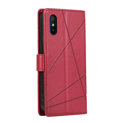 Xiaomi Redmi 9A PU Genuine Leather Texture Embossed Line Phone Case with Card Wallet, Kickstand & Wrist Strap