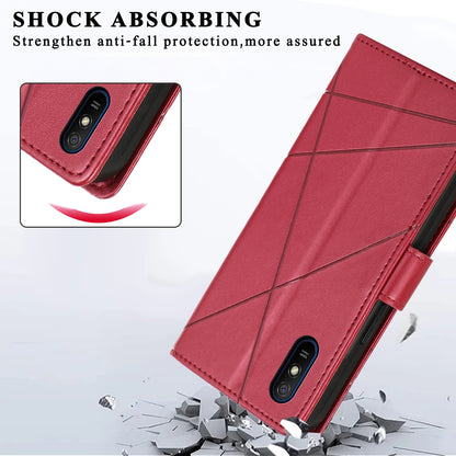Xiaomi Redmi 9A PU Genuine Leather Texture Embossed Line Phone Case with Card Wallet, Kickstand & Wrist Strap