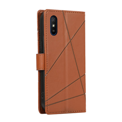 Xiaomi Redmi 9A PU Genuine Leather Texture Embossed Line Phone Case with Card Wallet, Kickstand & Wrist Strap