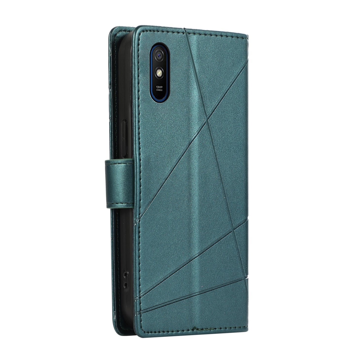 Xiaomi Redmi 9A PU Genuine Leather Texture Embossed Line Phone Case with Card Wallet, Kickstand & Wrist Strap