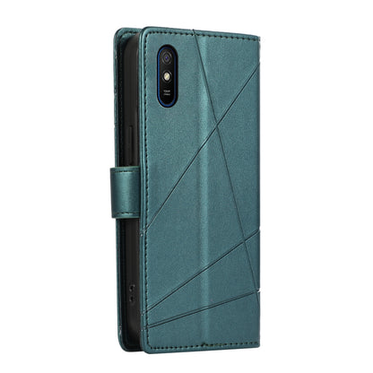 Xiaomi Redmi 9A PU Genuine Leather Texture Embossed Line Phone Case with Card Wallet, Kickstand & Wrist Strap