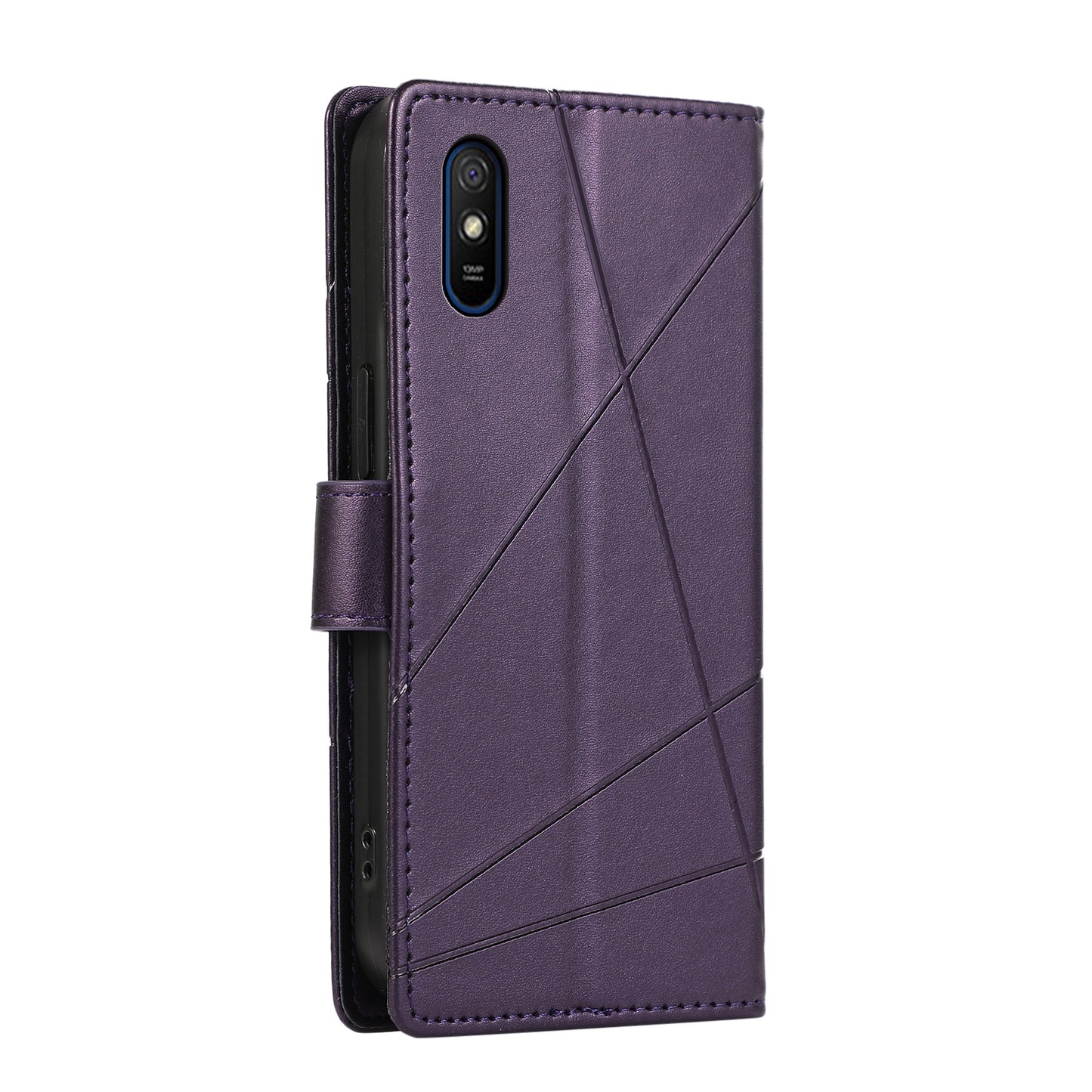 Xiaomi Redmi 9A PU Genuine Leather Texture Embossed Line Phone Case with Card Wallet, Kickstand & Wrist Strap