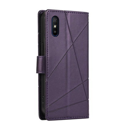 Xiaomi Redmi 9A PU Genuine Leather Texture Embossed Line Phone Case with Card Wallet, Kickstand & Wrist Strap