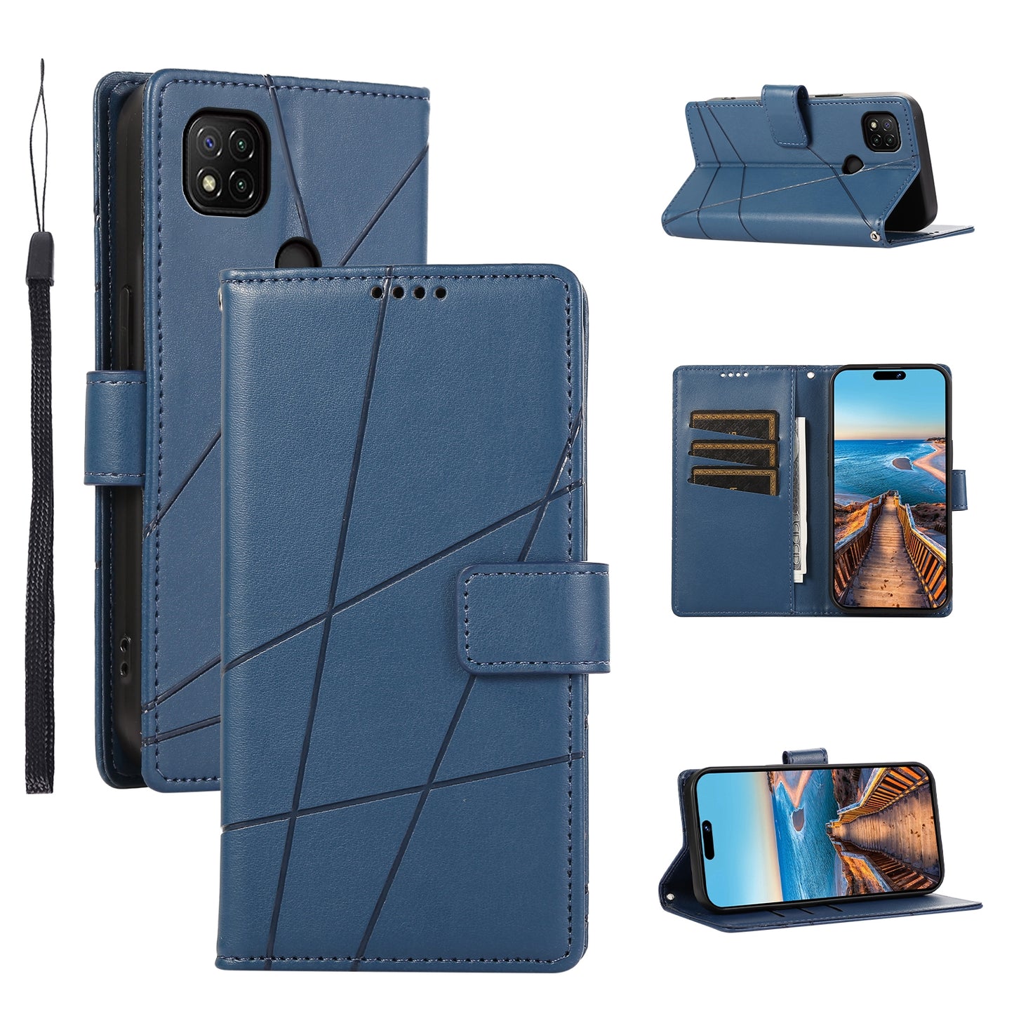 Xiaomi Redmi 9C PU Genuine Leather Texture Embossed Line Phone Case with Card Wallet, Kickstand & Wrist Strap