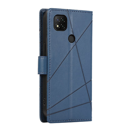 Xiaomi Redmi 9C PU Genuine Leather Texture Embossed Line Phone Case with Card Wallet, Kickstand & Wrist Strap