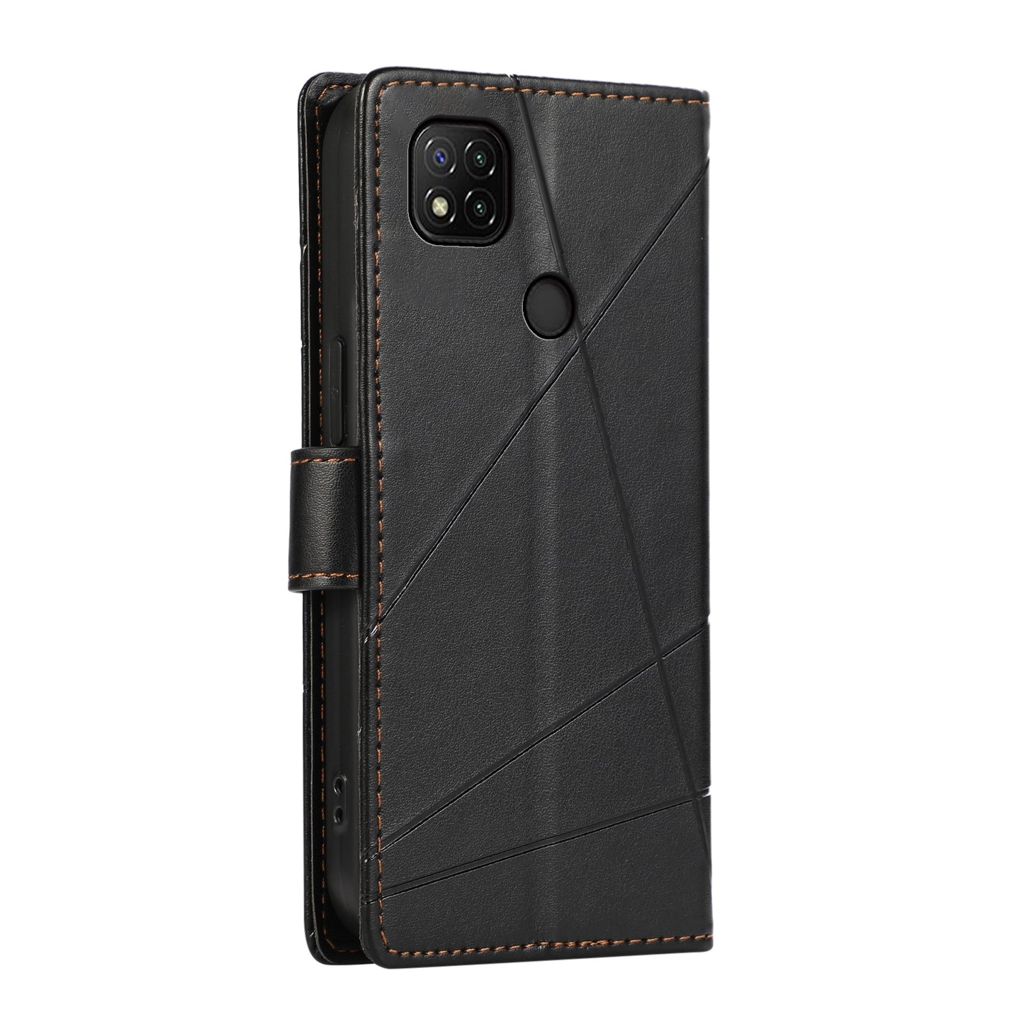 Xiaomi Redmi 9C PU Genuine Leather Texture Embossed Line Phone Case with Card Wallet, Kickstand & Wrist Strap