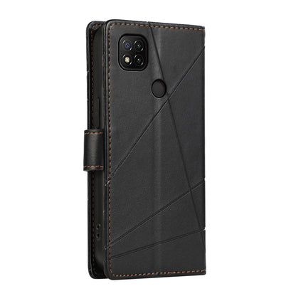 Xiaomi Redmi 9C PU Genuine Leather Texture Embossed Line Phone Case with Card Wallet, Kickstand & Wrist Strap