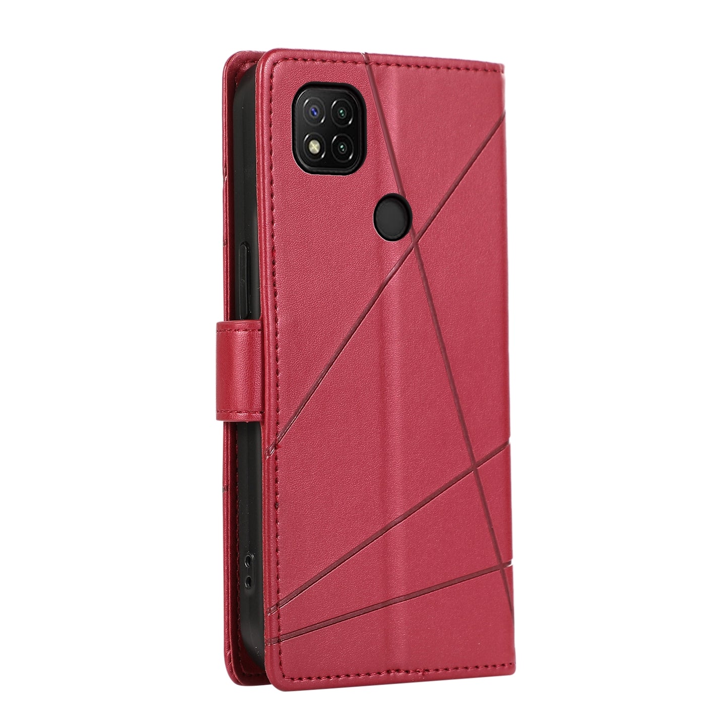 Xiaomi Redmi 9C PU Genuine Leather Texture Embossed Line Phone Case with Card Wallet, Kickstand & Wrist Strap