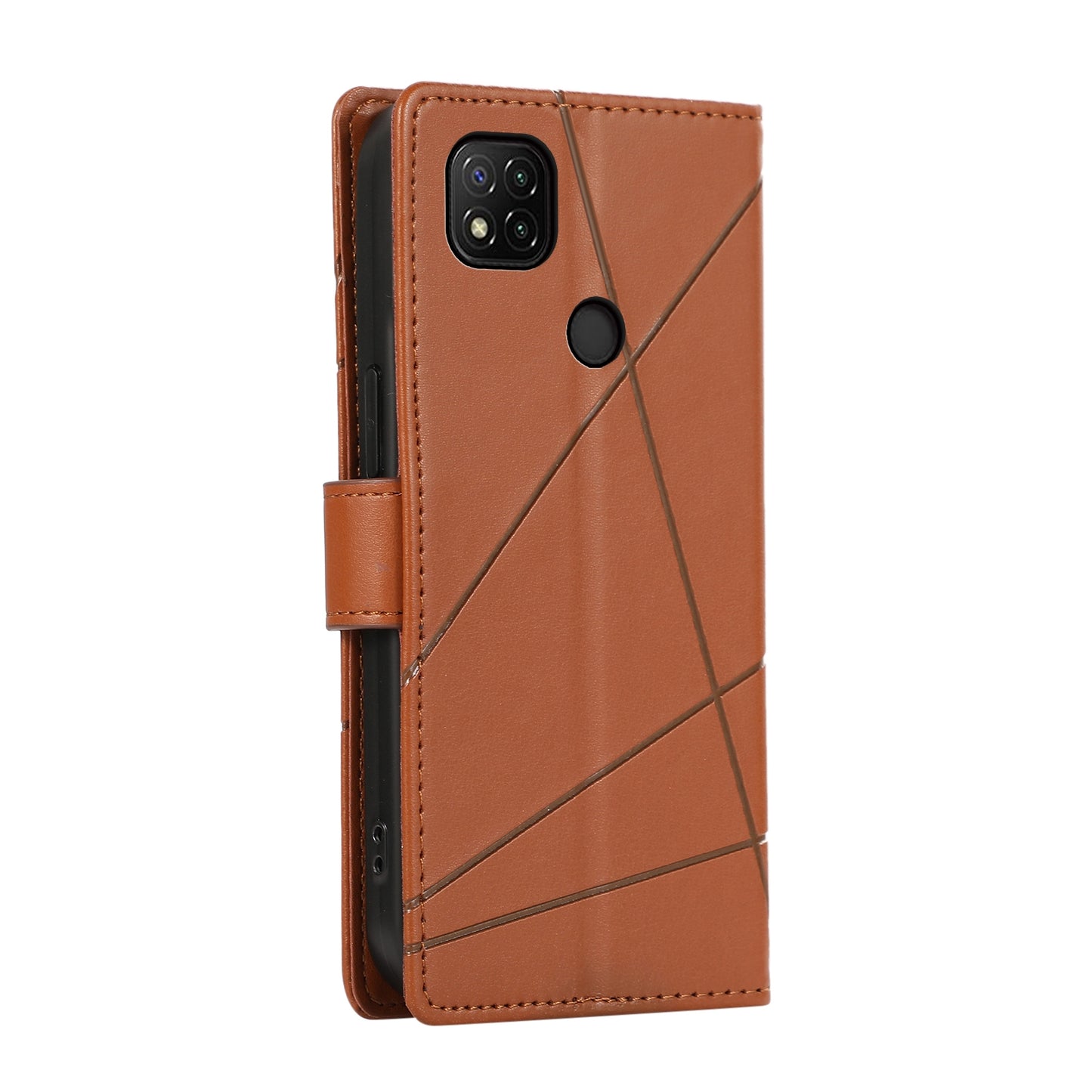 Xiaomi Redmi 9C PU Genuine Leather Texture Embossed Line Phone Case with Card Wallet, Kickstand & Wrist Strap