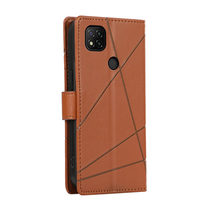 Xiaomi Redmi 9C PU Genuine Leather Texture Embossed Line Phone Case with Card Wallet, Kickstand & Wrist Strap