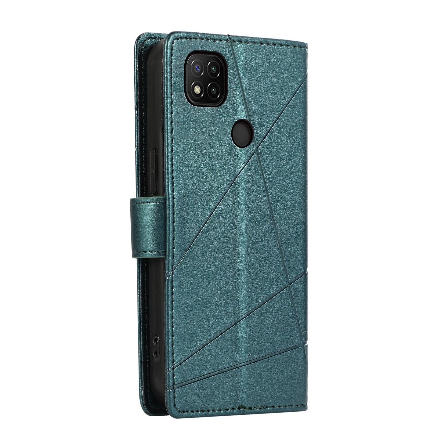 Xiaomi Redmi 9C PU Genuine Leather Texture Embossed Line Phone Case with Card Wallet, Kickstand & Wrist Strap