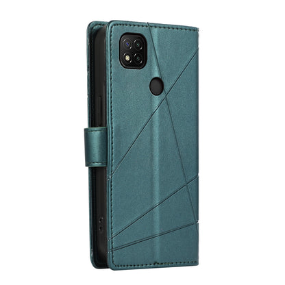 Xiaomi Redmi 9C PU Genuine Leather Texture Embossed Line Phone Case with Card Wallet, Kickstand & Wrist Strap