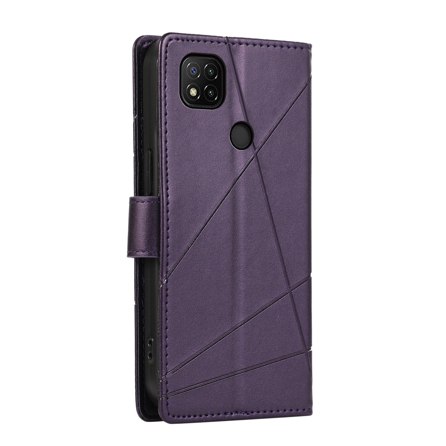 Xiaomi Redmi 9C PU Genuine Leather Texture Embossed Line Phone Case with Card Wallet, Kickstand & Wrist Strap
